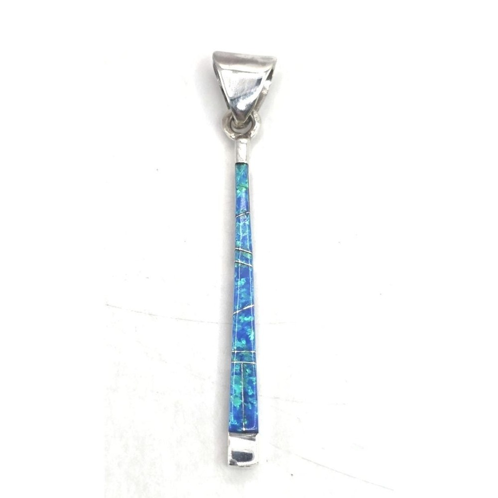 Blue Opal Onyx Pendant Sterling Silver Inlays Bar 1.5" Long Reversible Signed